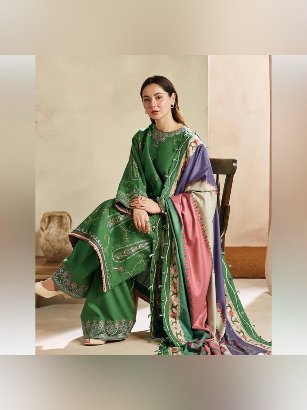 Embroidered Green Three-Piece Salwar Kameez brand Zara Shahjahan